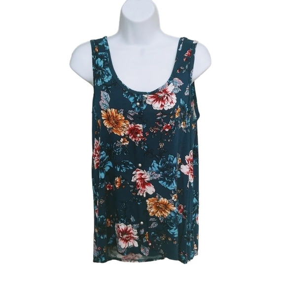 Lily Morgan Floral Teal Top  with Lace Back S - Picture 2 of 9